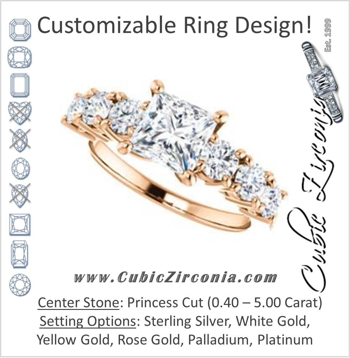 Cubic Zirconia Engagement Ring- The Lorelei (Customizable Enhanced 7-stone Princess Cut Style with Pavé Band)