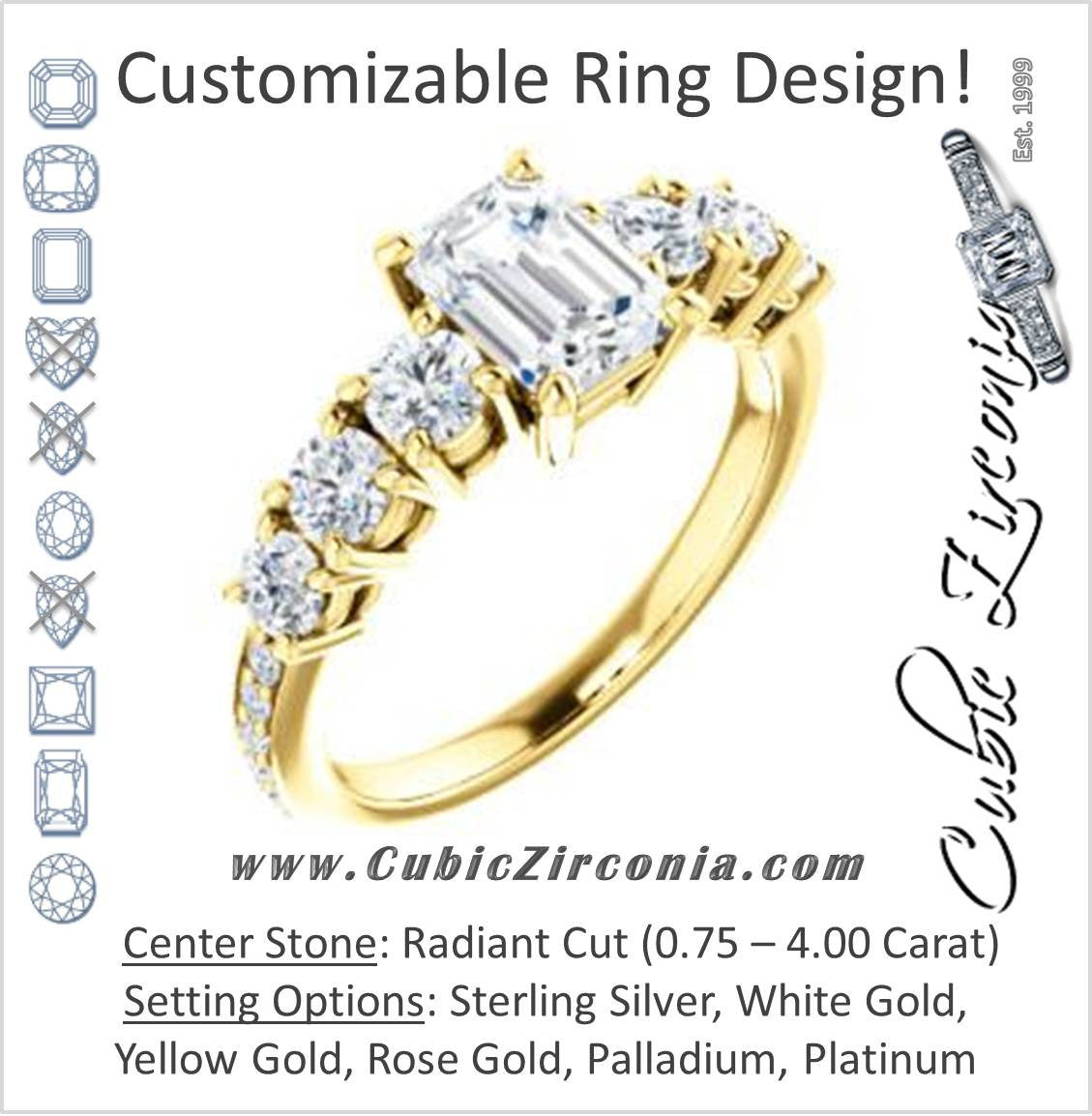 Cubic Zirconia Engagement Ring- The Lorelei (Customizable Enhanced 7-stone Radiant Cut Style with Pavé Band)
