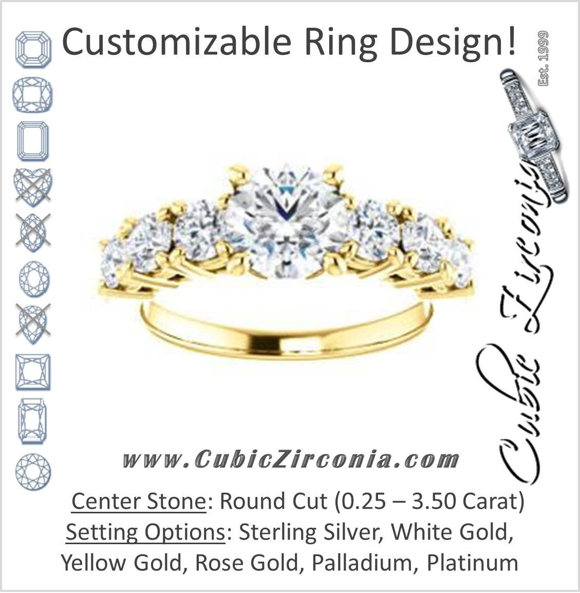 Cubic Zirconia Engagement Ring- The Lorelei (Customizable Enhanced 7-stone Round Cut Style with Pavé Band)