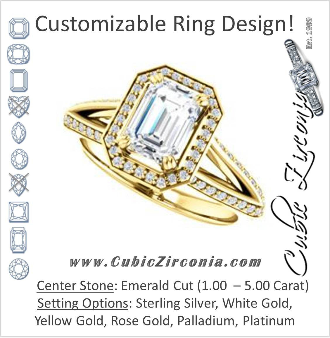 Cubic Zirconia Engagement Ring- The Loren (Customizable Emerald Cut Halo Design featuring Three-sided Twisting Pavé Split Band)