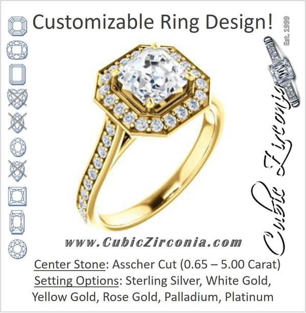 Cubic Zirconia Engagement Ring- The Lorie Ella (Customizable Artisan-Cathedral Asscher Cut with Halo and Pavé Accents)
