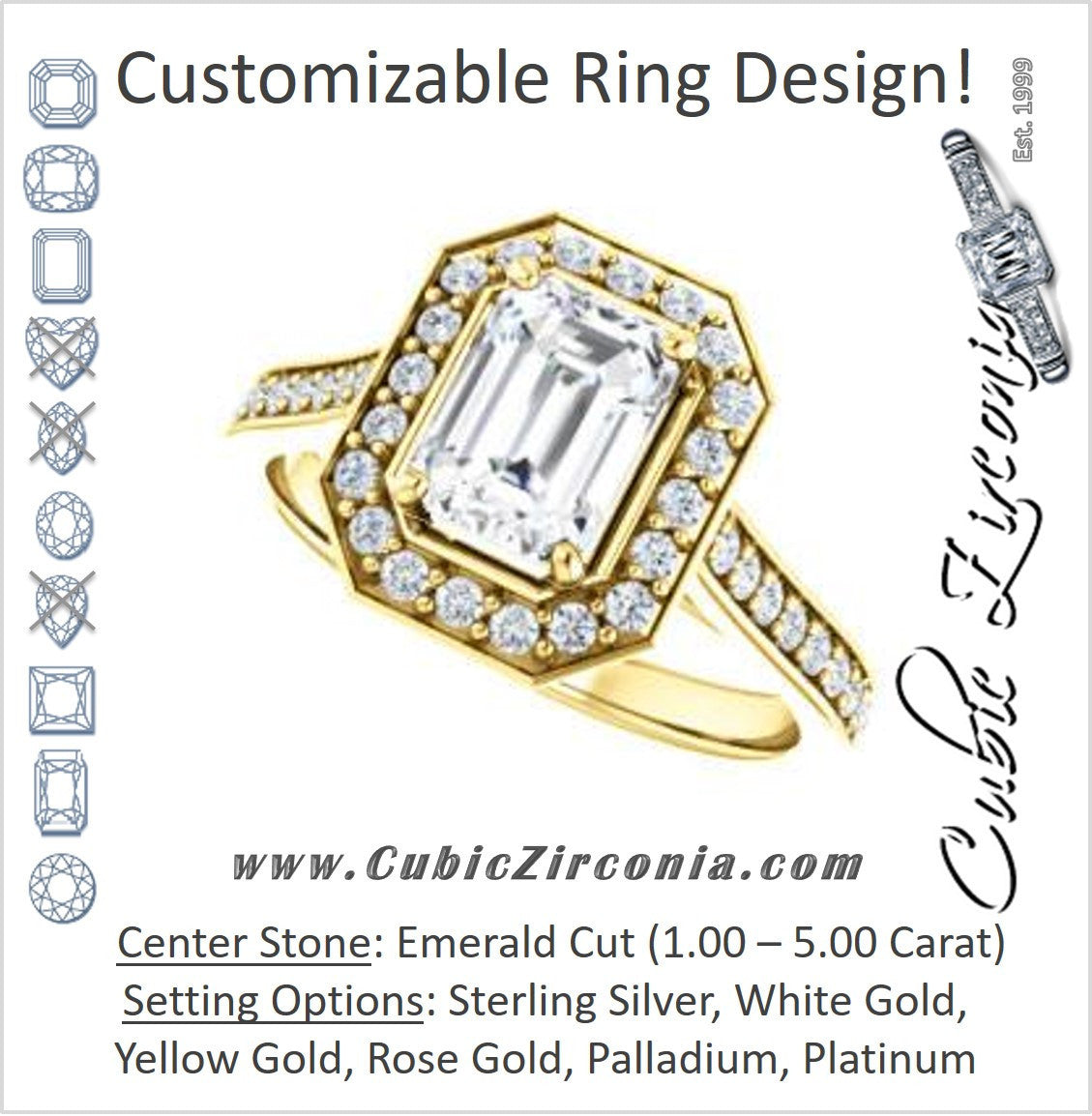 Cubic Zirconia Engagement Ring- The Lorie Ella (Customizable Artisan-Cathedral Emerald Cut with Halo and Pavé Accents)