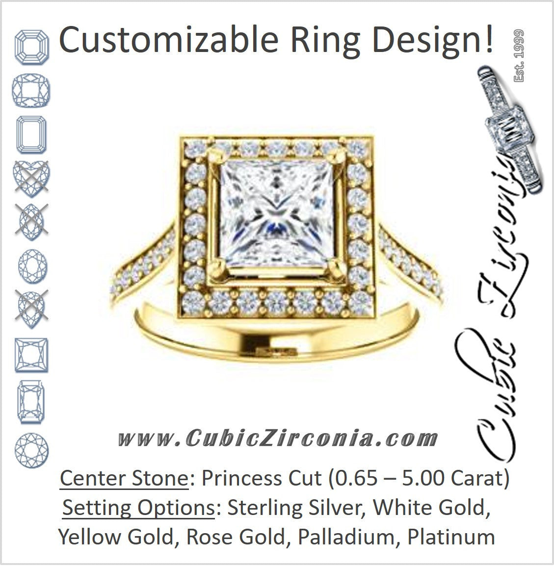 Cubic Zirconia Engagement Ring- The Lorie Ella (Customizable Artisan-Cathedral Princess Cut with Halo and Pavé Accents)