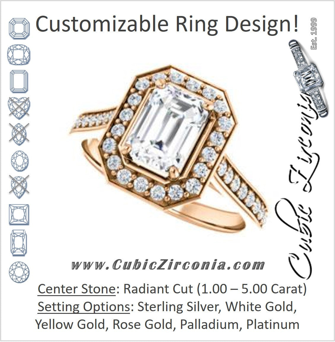 Cubic Zirconia Engagement Ring- The Lorie Ella (Customizable Artisan-Cathedral Radiant Cut with Halo and Pavé Accents)