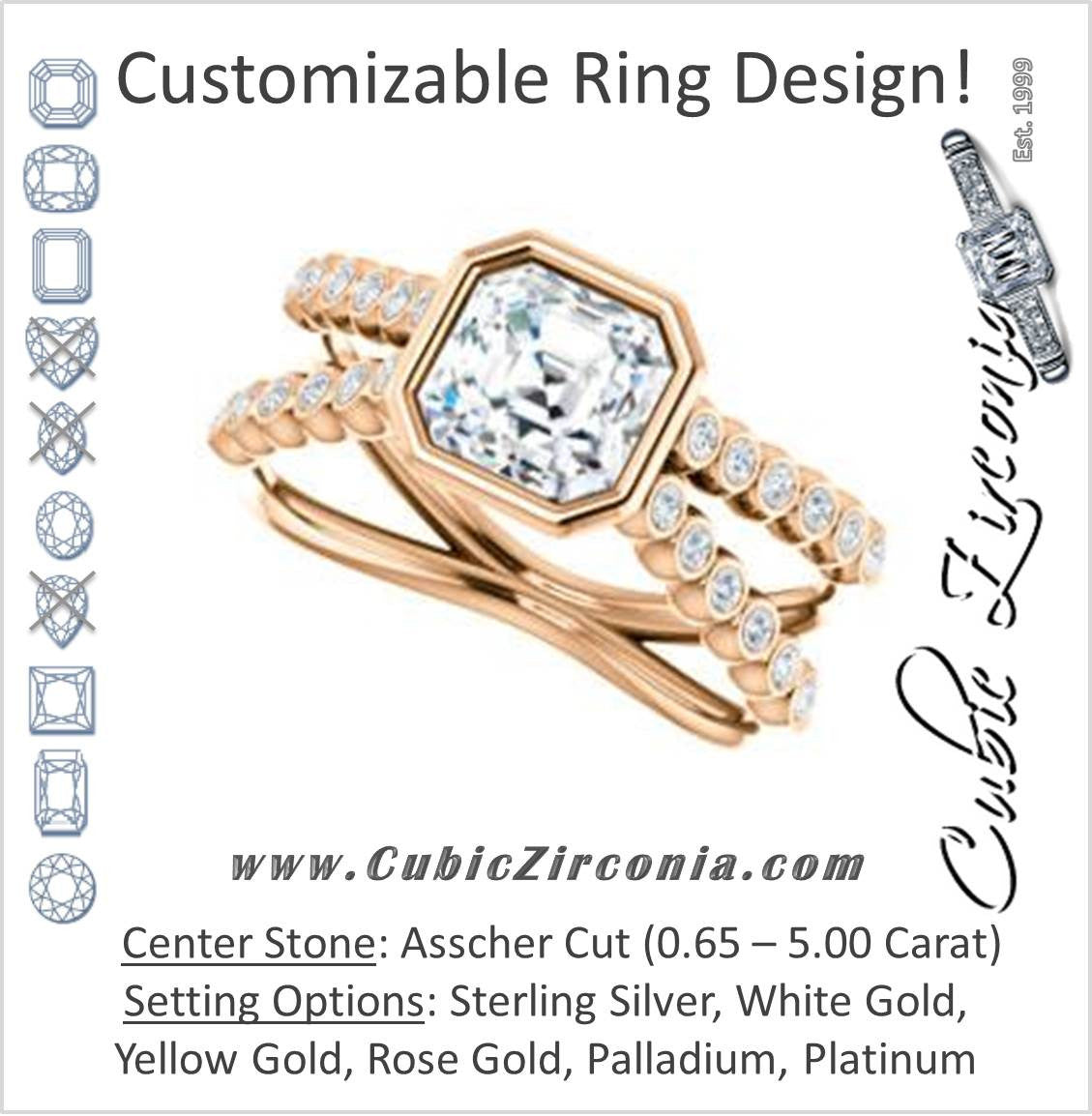 Cubic Zirconia Engagement Ring- The Lottie (Customizable Asscher Cut Design featuring Wide Beaded Split Band with Round Bezel-set Accents)