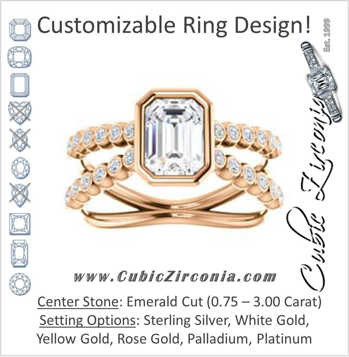 Cubic Zirconia Engagement Ring- The Lottie (Customizable Emerald Cut Design featuring Wide Beaded Split Band with Round Bezel-set Accents)