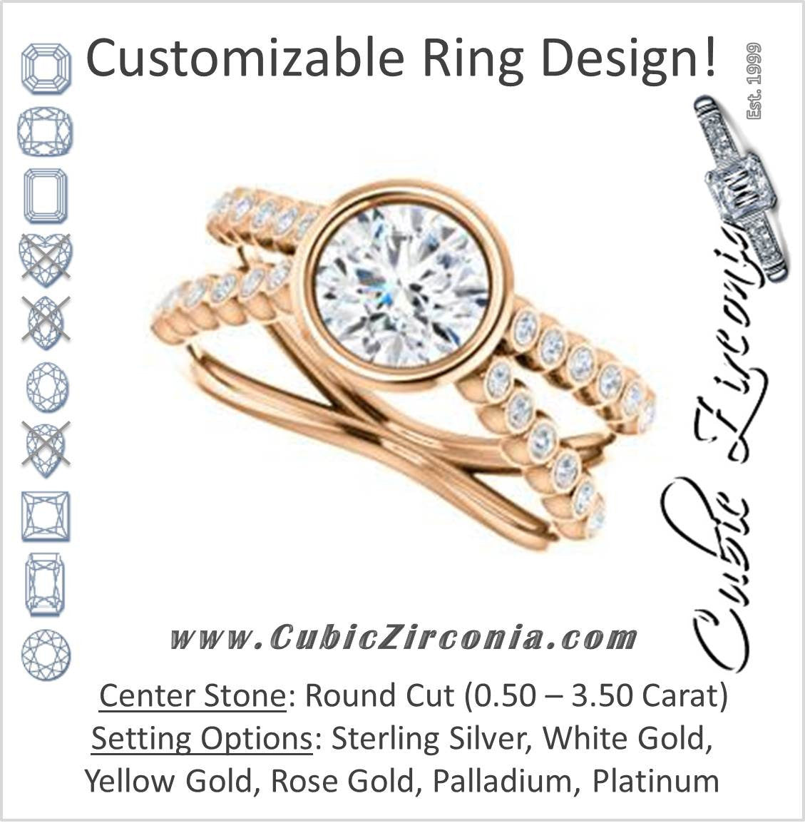 Cubic Zirconia Engagement Ring- The Lottie (Customizable Round Cut Design featuring Wide Beaded Split Band with Round Bezel-set Accents)