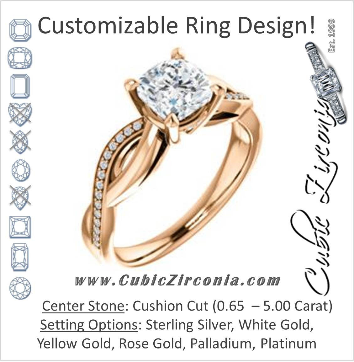 Cubic Zirconia Engagement Ring- The Louisa (Customizable Cushion Cut Design with Twisting Split Pavé Band and Underhalo Accents)