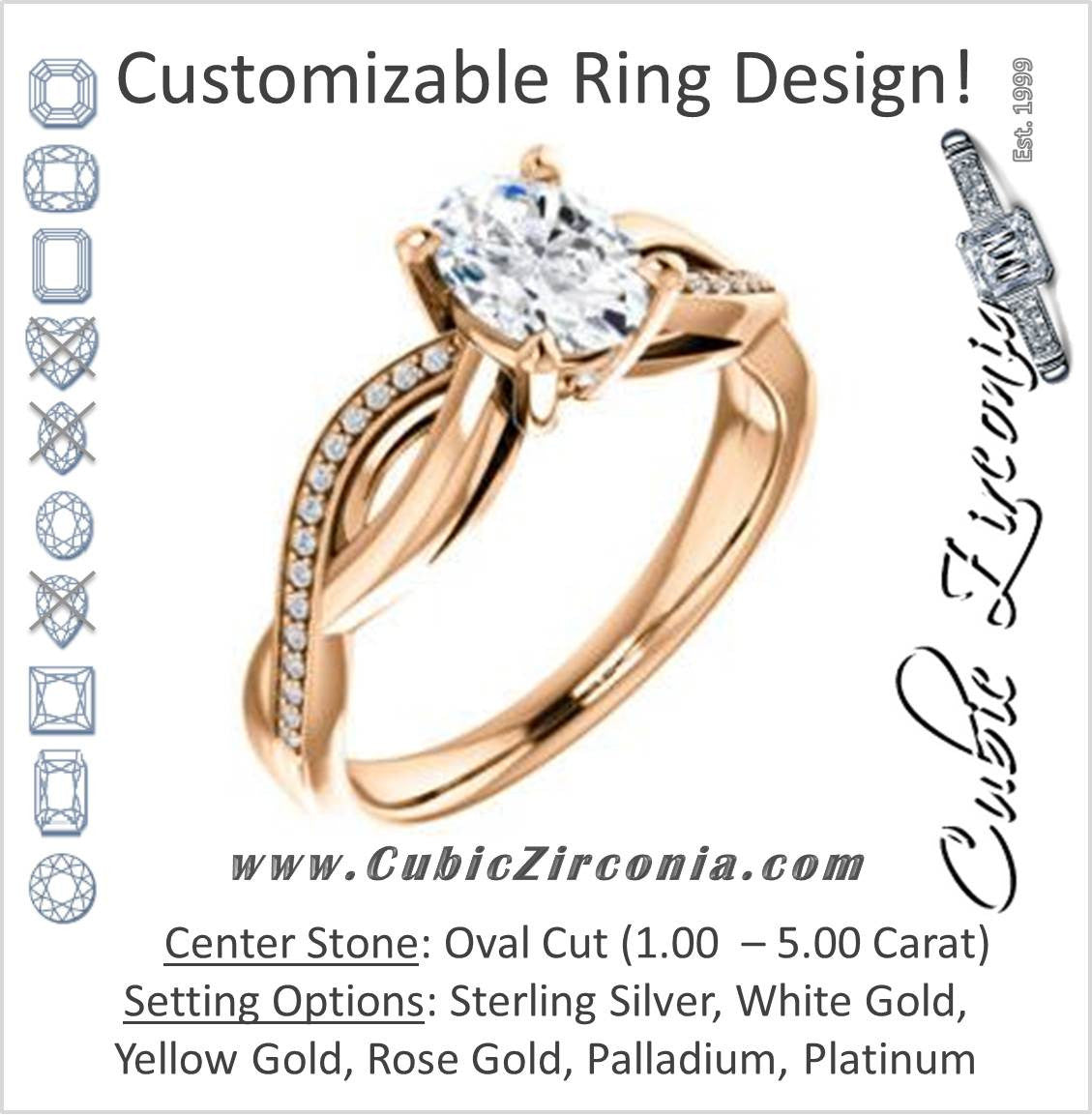 Cubic Zirconia Engagement Ring- The Louisa (Customizable Oval Cut Design with Twisting Split Pavé Band and Underhalo Accents)