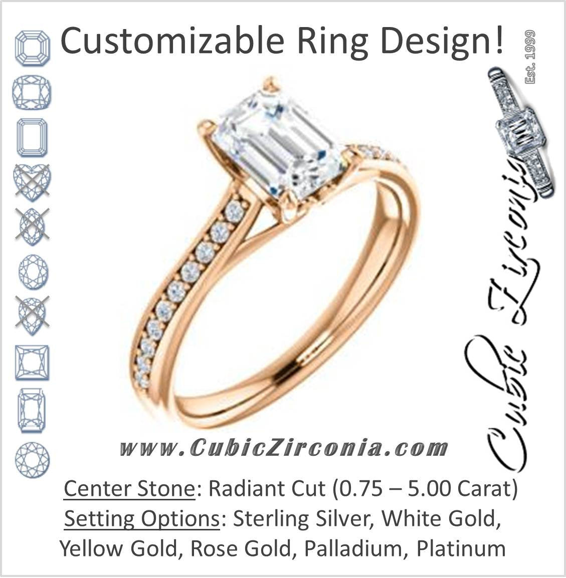Cubic Zirconia Engagement Ring- The Luci Swan (Customizable Decorative-Pronged Radiant Cut with Pavé Band)