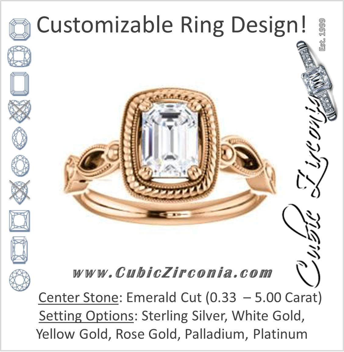 Cubic Zirconia Engagement Ring- The Lucille May (Customizable Emerald Cut Solitaire featuring Filigree Faux Halo and Infinity Split Band)