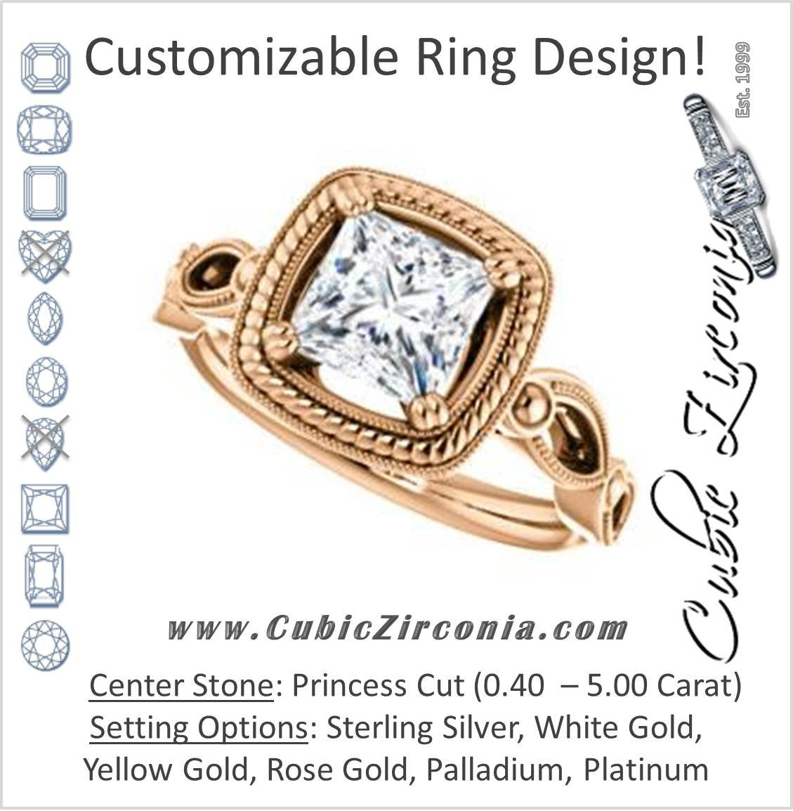 Cubic Zirconia Engagement Ring- The Lucille May (Customizable Princess Cut Solitaire featuring Filigree Faux Halo and Infinity Split Band)