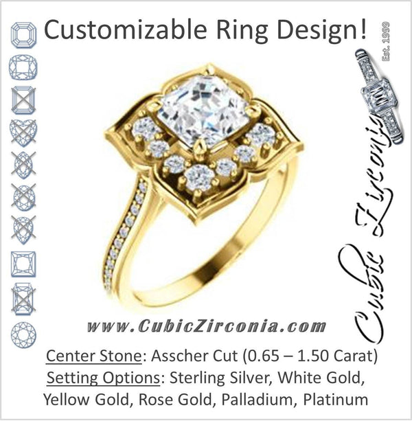 Cubic Zirconia Engagement Ring- The Lucinda (Customizable Asscher Cut Halo-Clover Style with Thin Pavé Band)