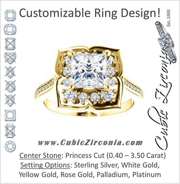 Cubic Zirconia Engagement Ring- The Lucinda (Customizable Princess Cut Halo-Clover Style with Thin Pavé Band)