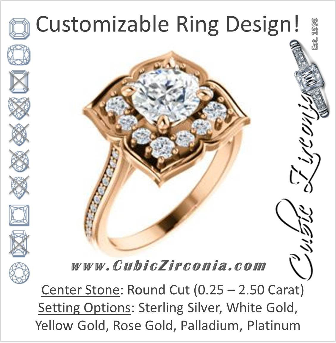 Cubic Zirconia Engagement Ring- The Lucinda (Customizable Round Cut Halo-Clover Style with Thin Pavé Band)