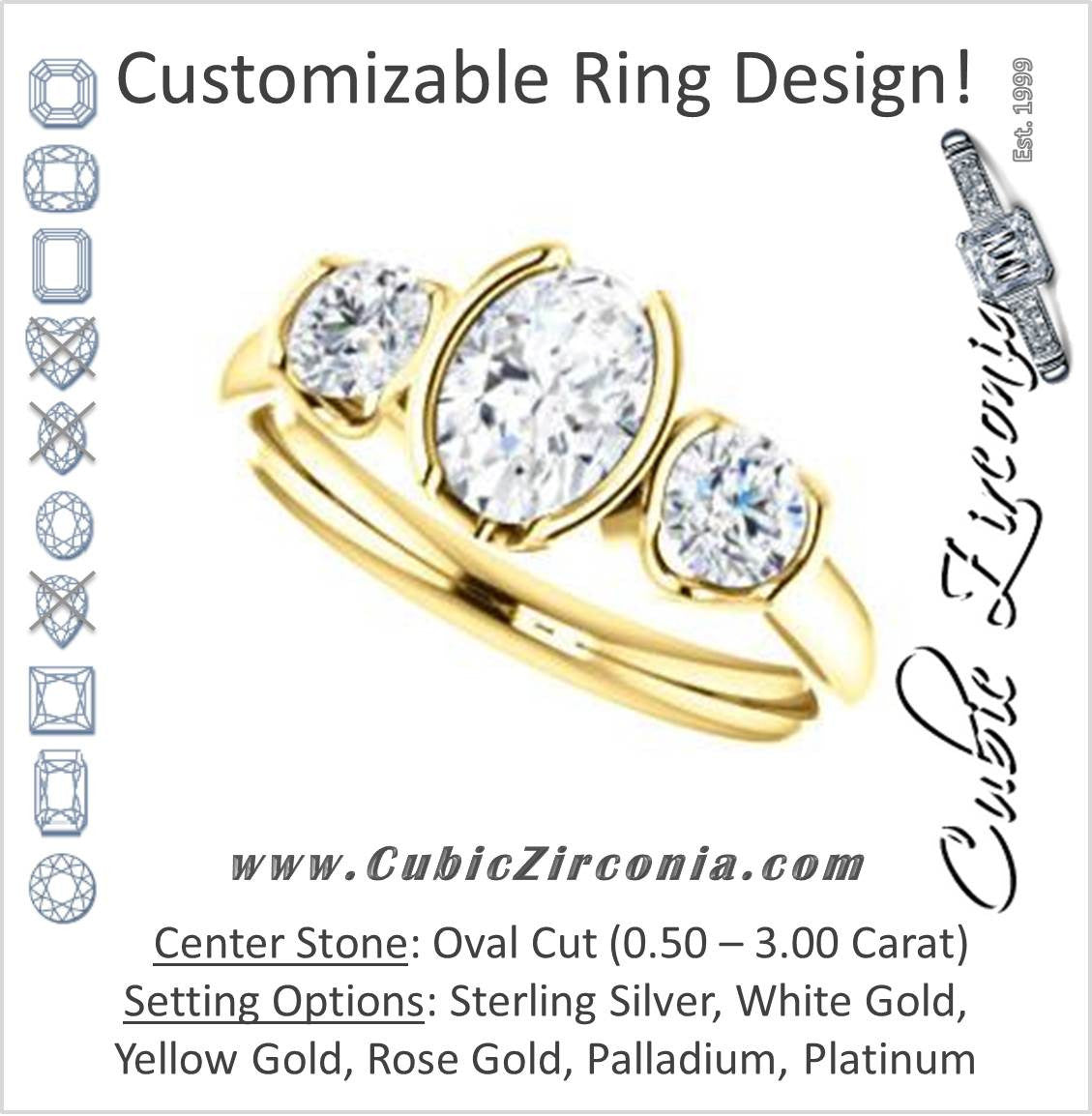 Cubic Zirconia Engagement Ring- The Lula (Customizable 3-stone Bezel Design with Oval Cut Center and Round Cut Accents)