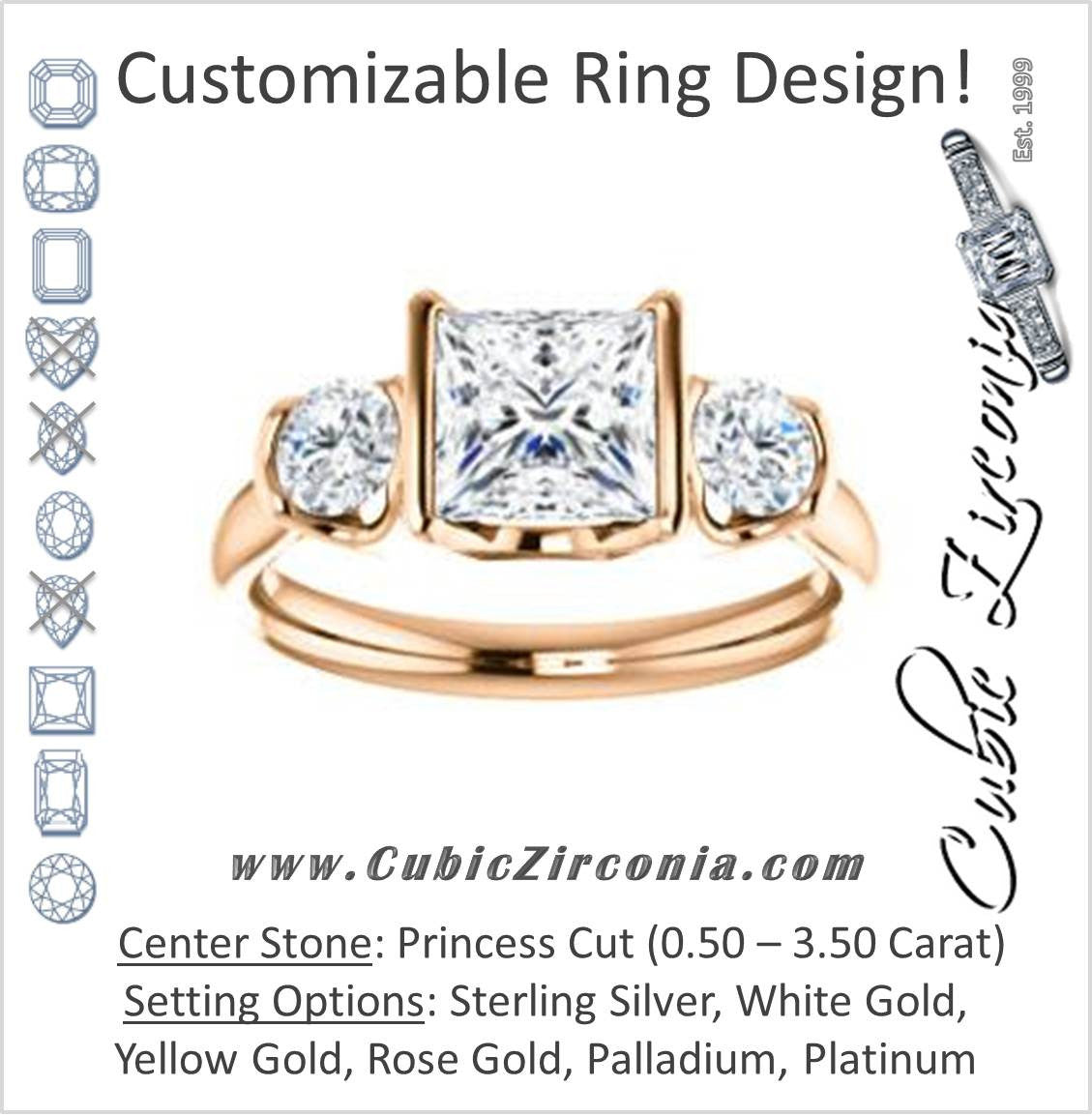 Cubic Zirconia Engagement Ring- The Lula (Customizable 3-stone Bezel Design with Princess Cut Center and Round Cut Accents)