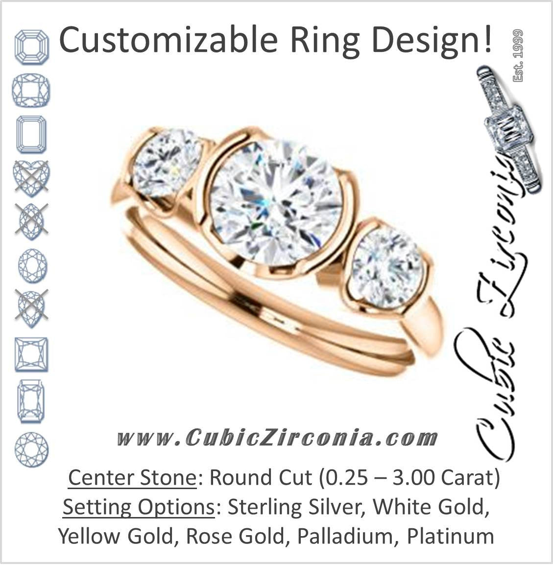 Cubic Zirconia Engagement Ring- The Lula (Customizable 3-stone Bezel Design with Round Cut Center and Round Cut Accents)