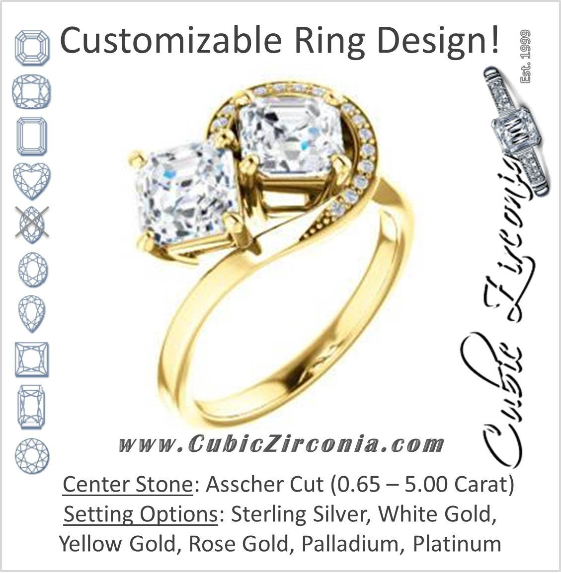 Cubic Zirconia Engagement Ring- The Lupita (Customizable Enhanced 2-stone Asymmetrical Asscher Cut Design with Semi-Halo)