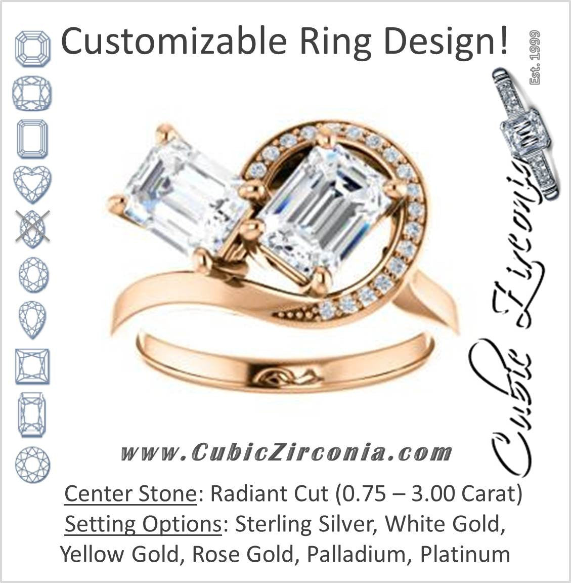 Cubic Zirconia Engagement Ring- The Lupita (Customizable Enhanced 2-stone Asymmetrical Radiant Cut Design with Semi-Halo)