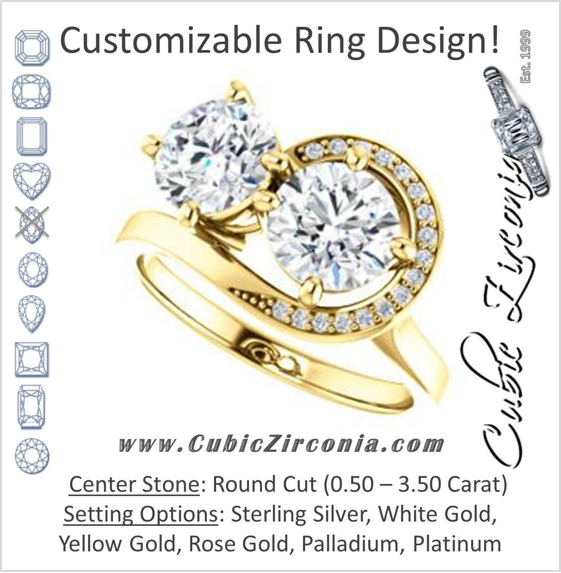 Cubic Zirconia Engagement Ring- The Lupita (Customizable Enhanced 2-stone Asymmetrical Round Cut Design with Semi-Halo)