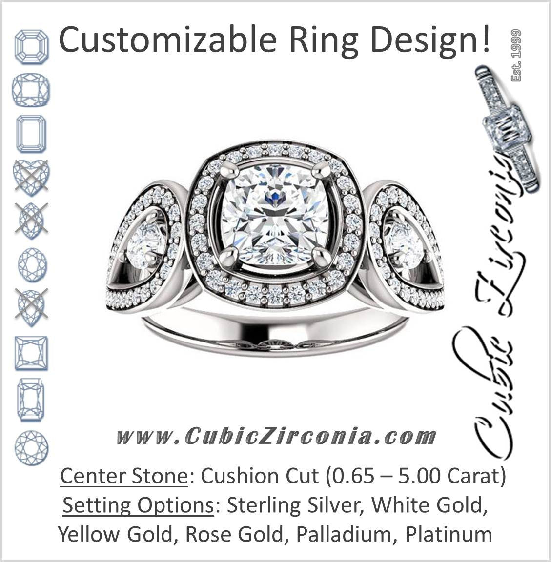 Cubic Zirconia Engagement Ring- The Luz Marie (Customizable Halo-style Cushion Cut with Split-Pavé Band & Pear Accents)