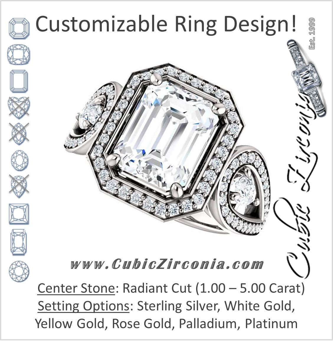 Cubic Zirconia Engagement Ring- The Luz Marie (Customizable Halo-style Radiant Cut with Split-Pavé Band & Pear Accents)