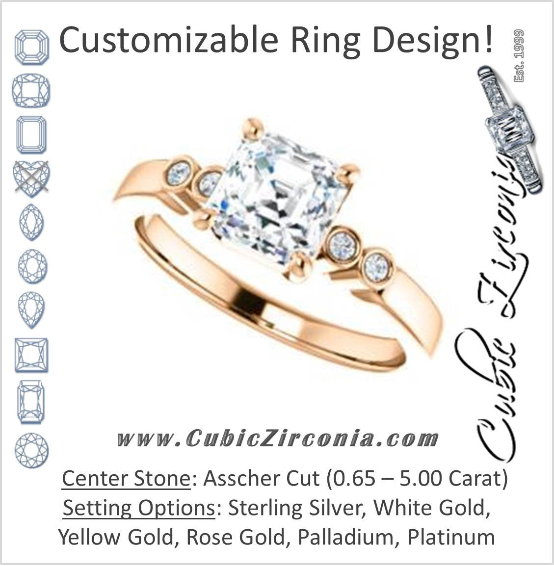 Cubic Zirconia Engagement Ring- The Luzella (Customizable 5-stone Design with Asscher Cut Center and Round Bezel Accents)