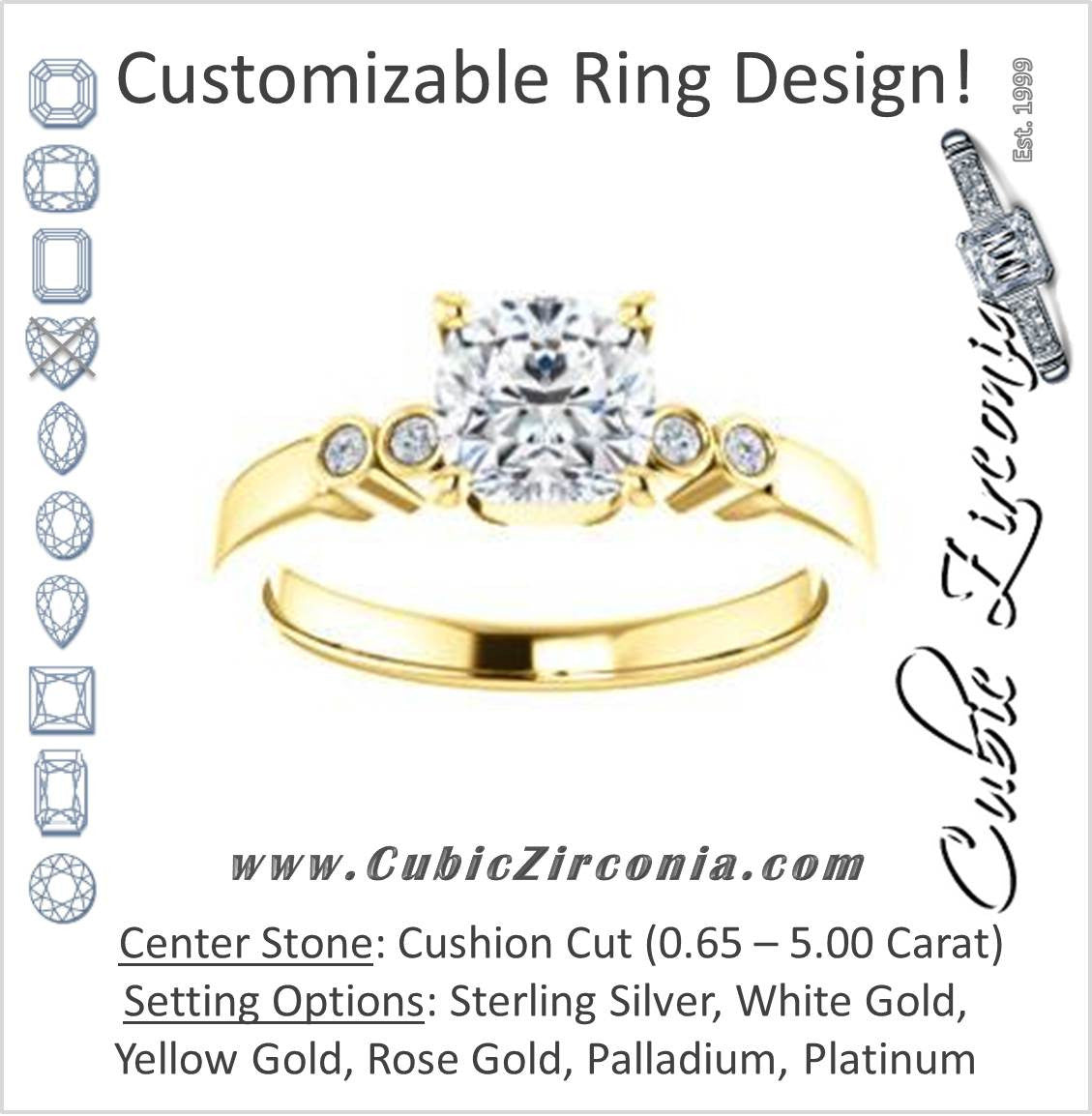 Cubic Zirconia Engagement Ring- The Luzella (Customizable 5-stone Design with Cushion Cut Center and Round Bezel Accents)