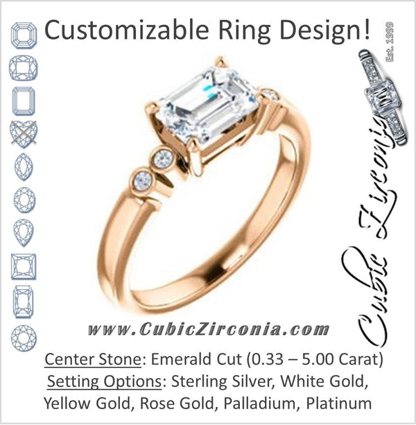 Cubic Zirconia Engagement Ring- The Luzella (Customizable 5-stone Design with Emerald Cut Center and Round Bezel Accents)