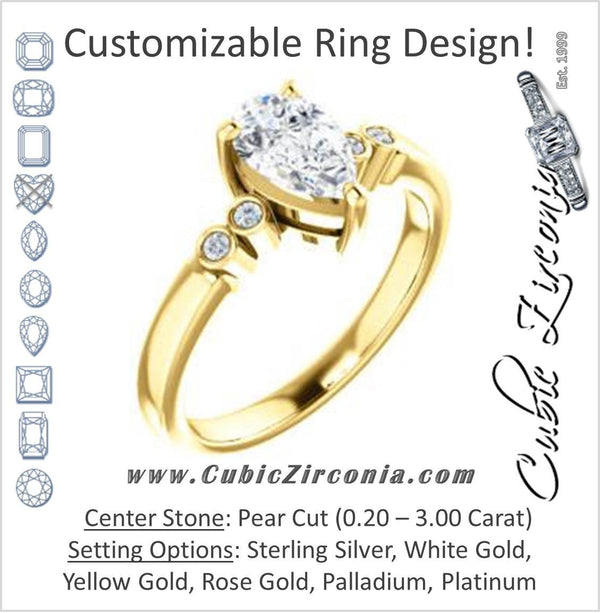 Cubic Zirconia Engagement Ring- The Luzella (Customizable 5-stone Design with Pear Cut Center and Round Bezel Accents)