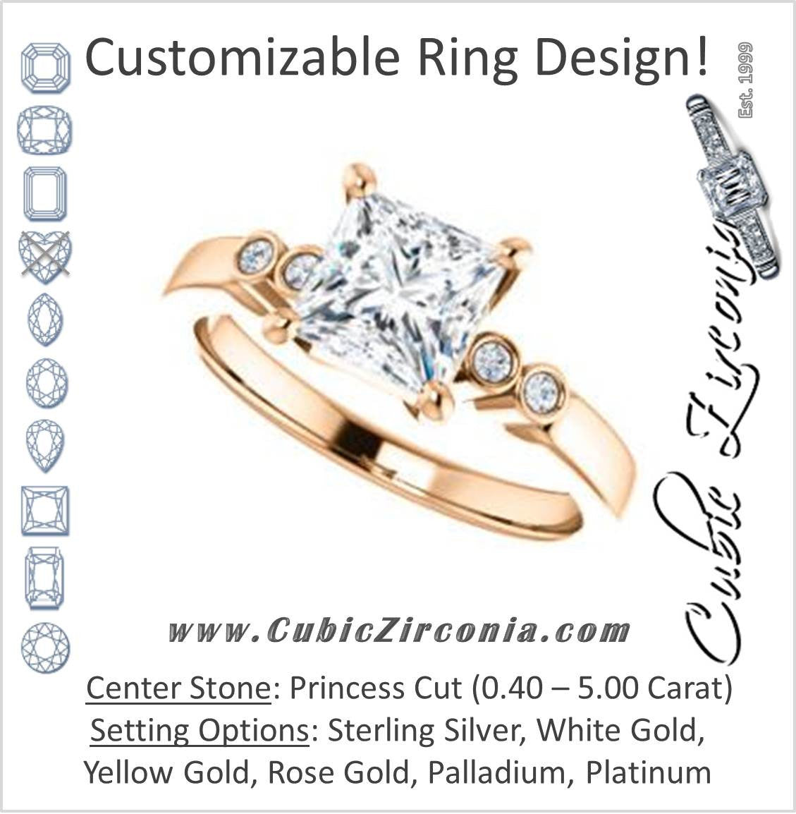 Cubic Zirconia Engagement Ring- The Luzella (Customizable 5-stone Design with Princess Cut Center and Round Bezel Accents)