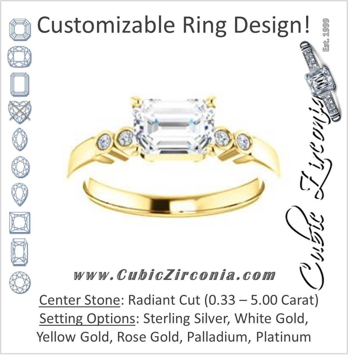 Cubic Zirconia Engagement Ring- The Luzella (Customizable 5-stone Design with Radiant Cut Center and Round Bezel Accents)