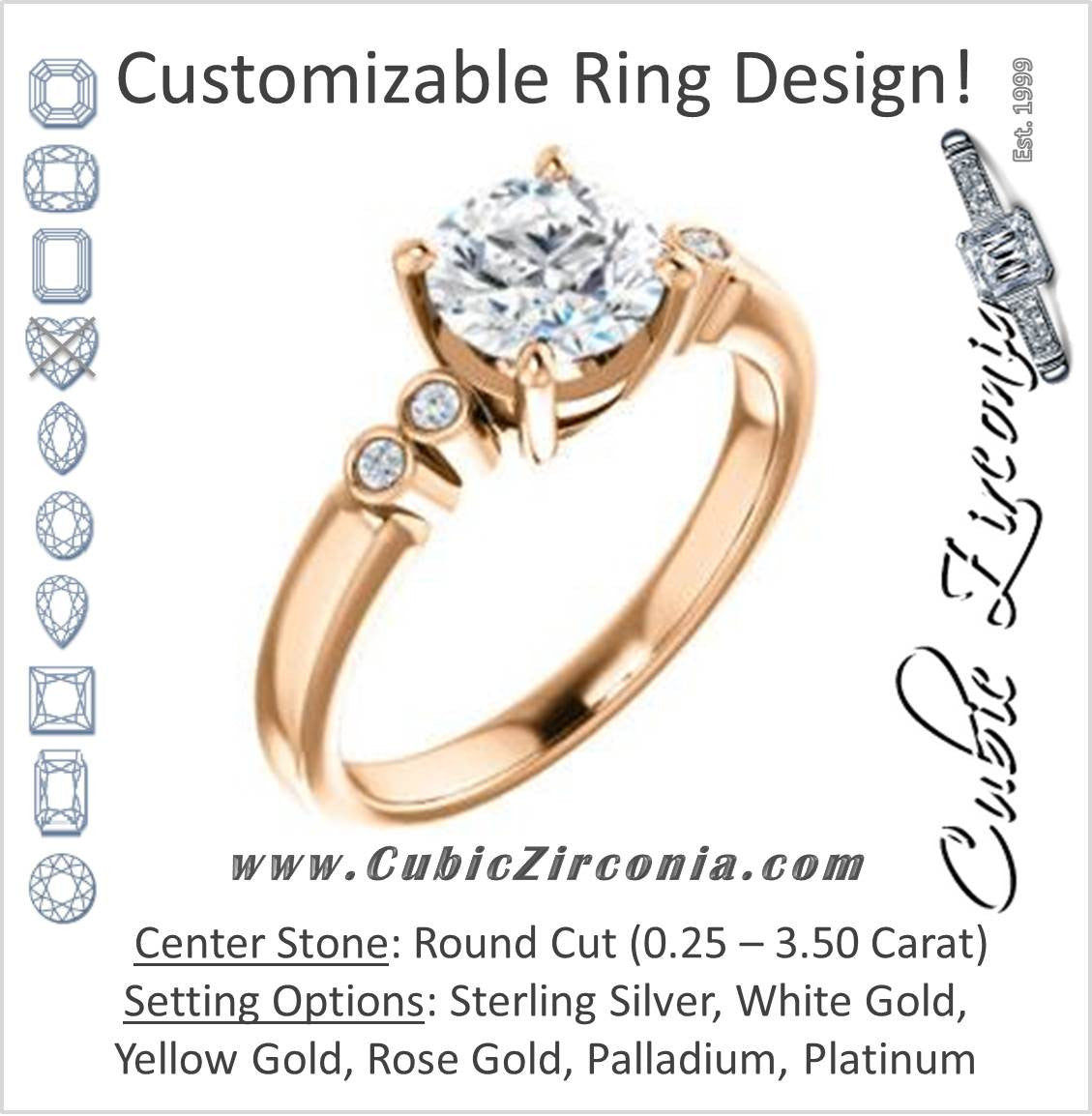 Cubic Zirconia Engagement Ring- The Luzella (Customizable 5-stone Design with Round Cut Center and Round Bezel Accents)