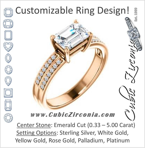 Cubic Zirconia Engagement Ring- The Lyla Ann (Customizable Emerald Cut Design with Wide Double-Pavé Band)
