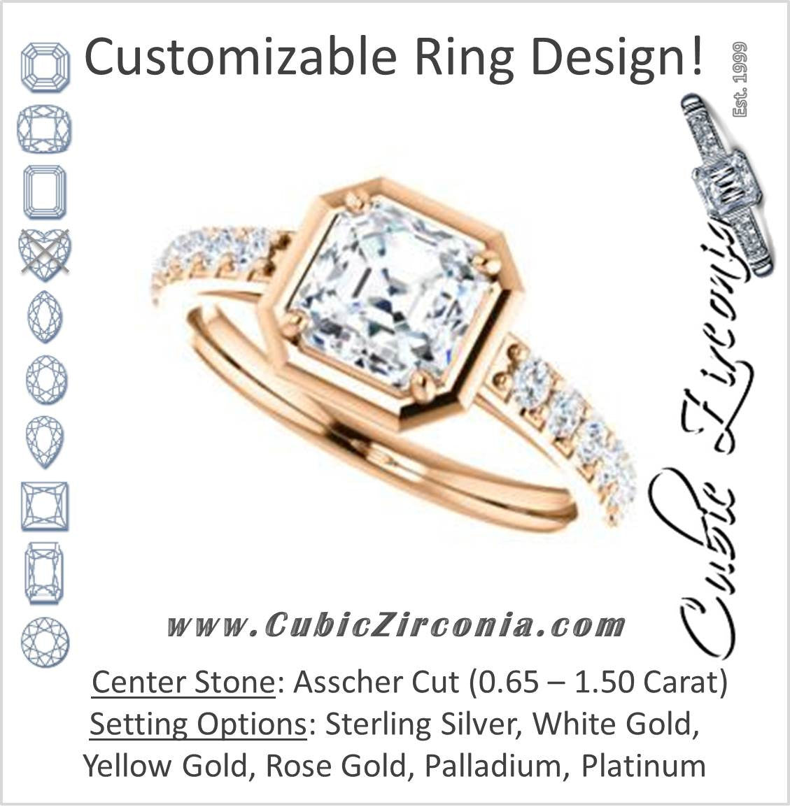 Cubic Zirconia Engagement Ring- The Lynette (Customizable Cathedral-style Bezel-set Asscher Cut 13-stone Design with Round Band Accents)