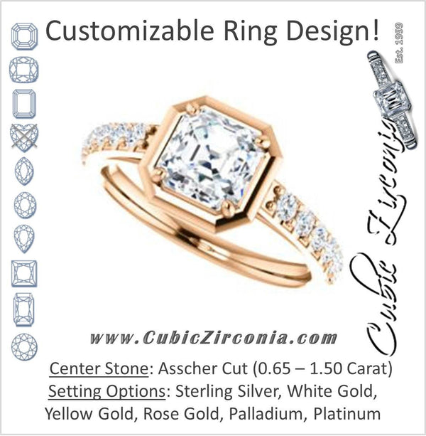 Cubic Zirconia Engagement Ring- The Lynette (Customizable Cathedral-style Bezel-set Asscher Cut 13-stone Design with Round Band Accents)