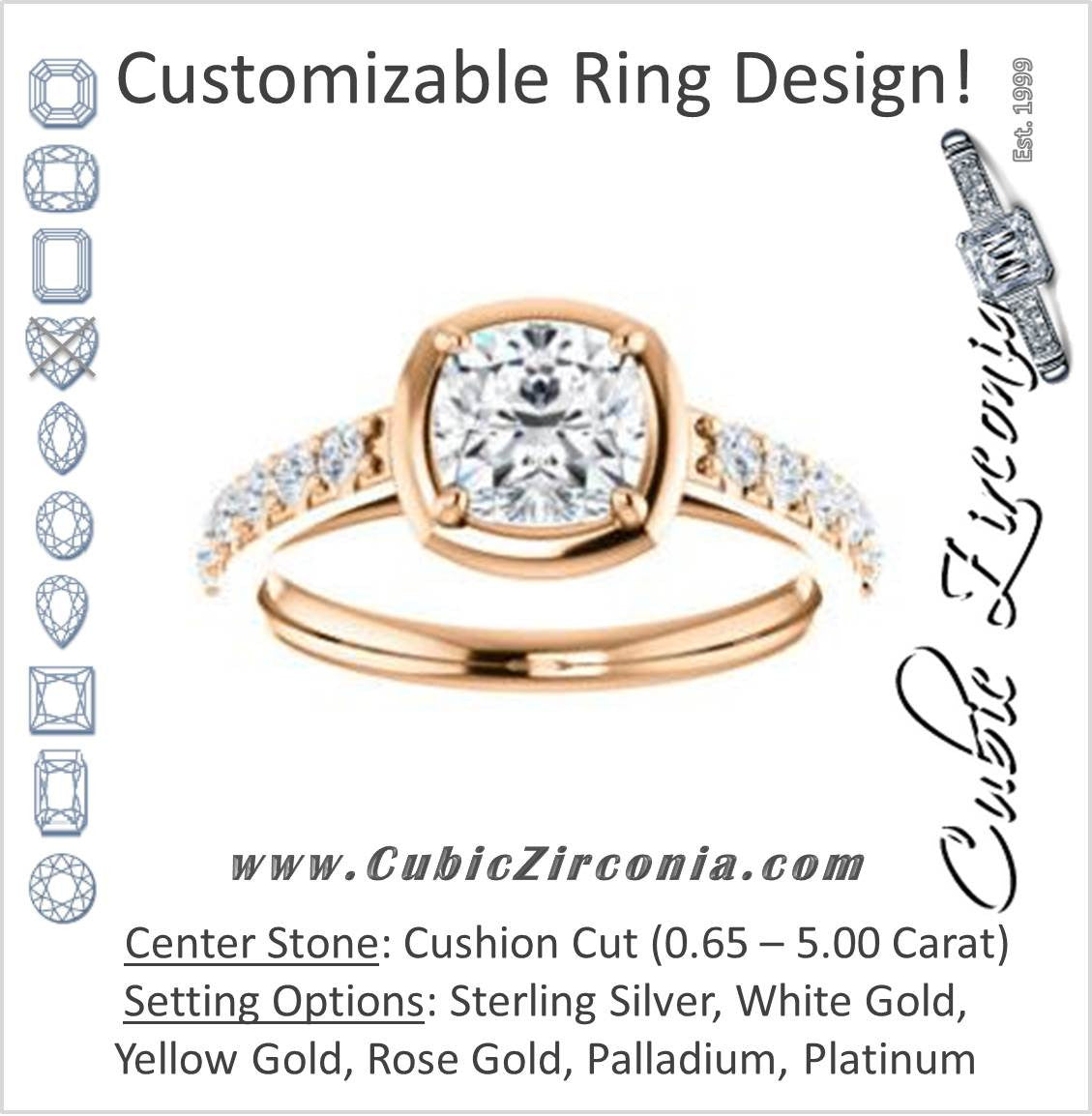 Cubic Zirconia Engagement Ring- The Lynette (Customizable Cathedral-style Bezel-set Cushion Cut 13-stone Design with Round Band Accents)