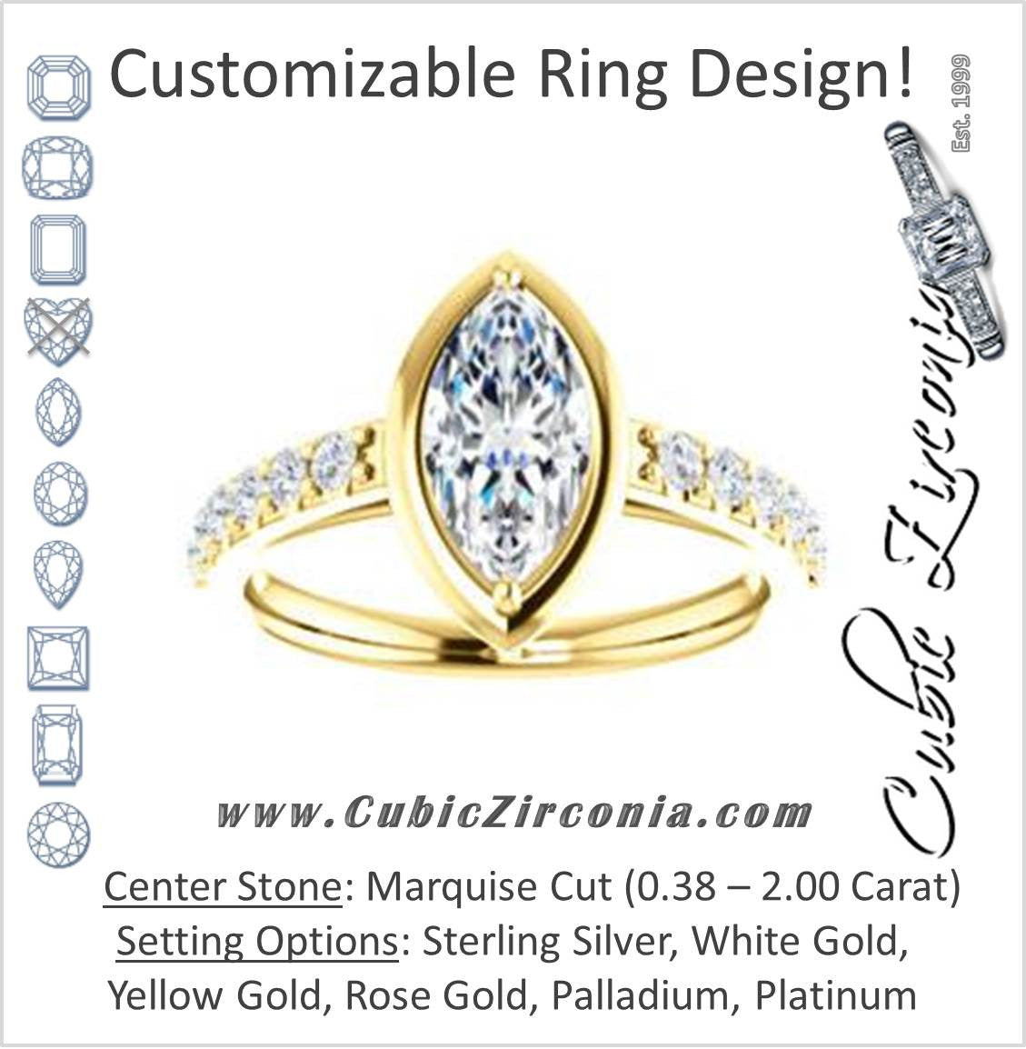 Cubic Zirconia Engagement Ring- The Lynette (Customizable Cathedral-style Bezel-set Marquise Cut 13-stone Design with Round Band Accents)