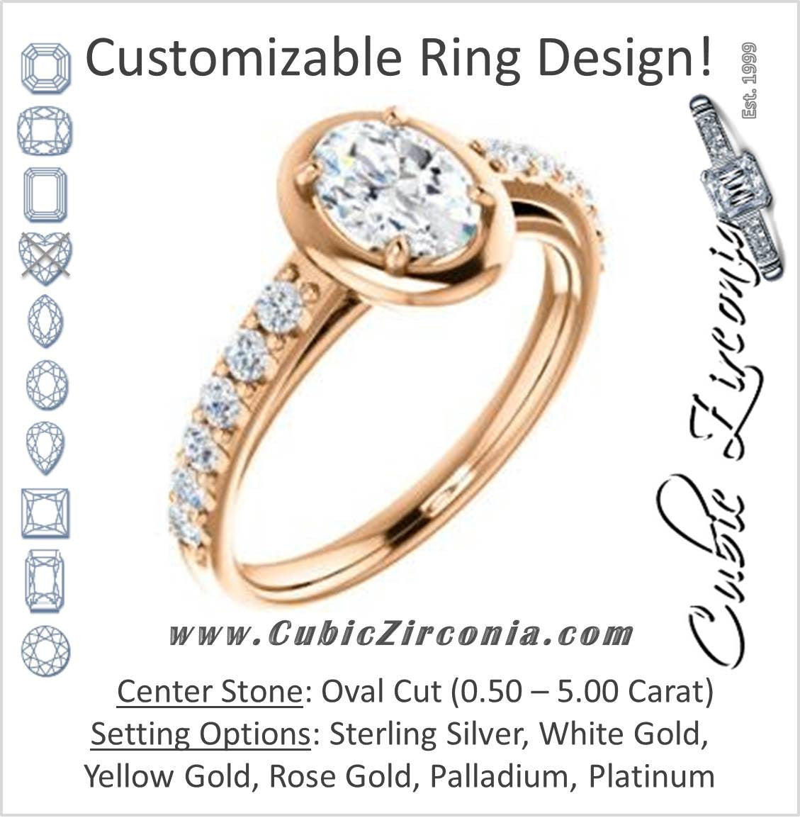 Cubic Zirconia Engagement Ring- The Lynette (Customizable Cathedral-style Bezel-set Oval Cut 13-stone Design with Round Band Accents)