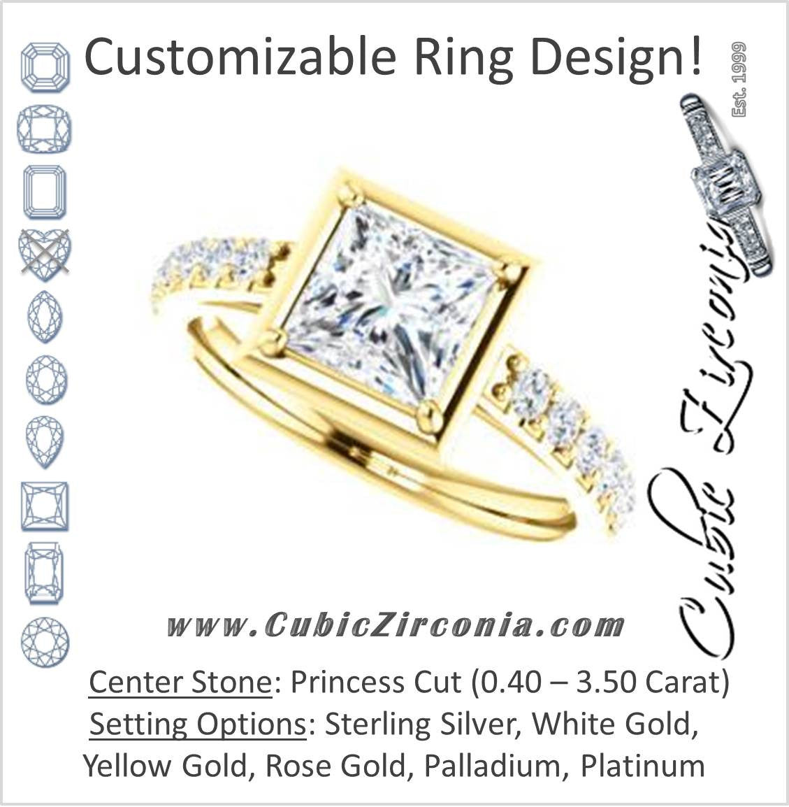 Cubic Zirconia Engagement Ring- The Lynette (Customizable Cathedral-style Bezel-set Princess Cut 13-stone Design with Round Band Accents)