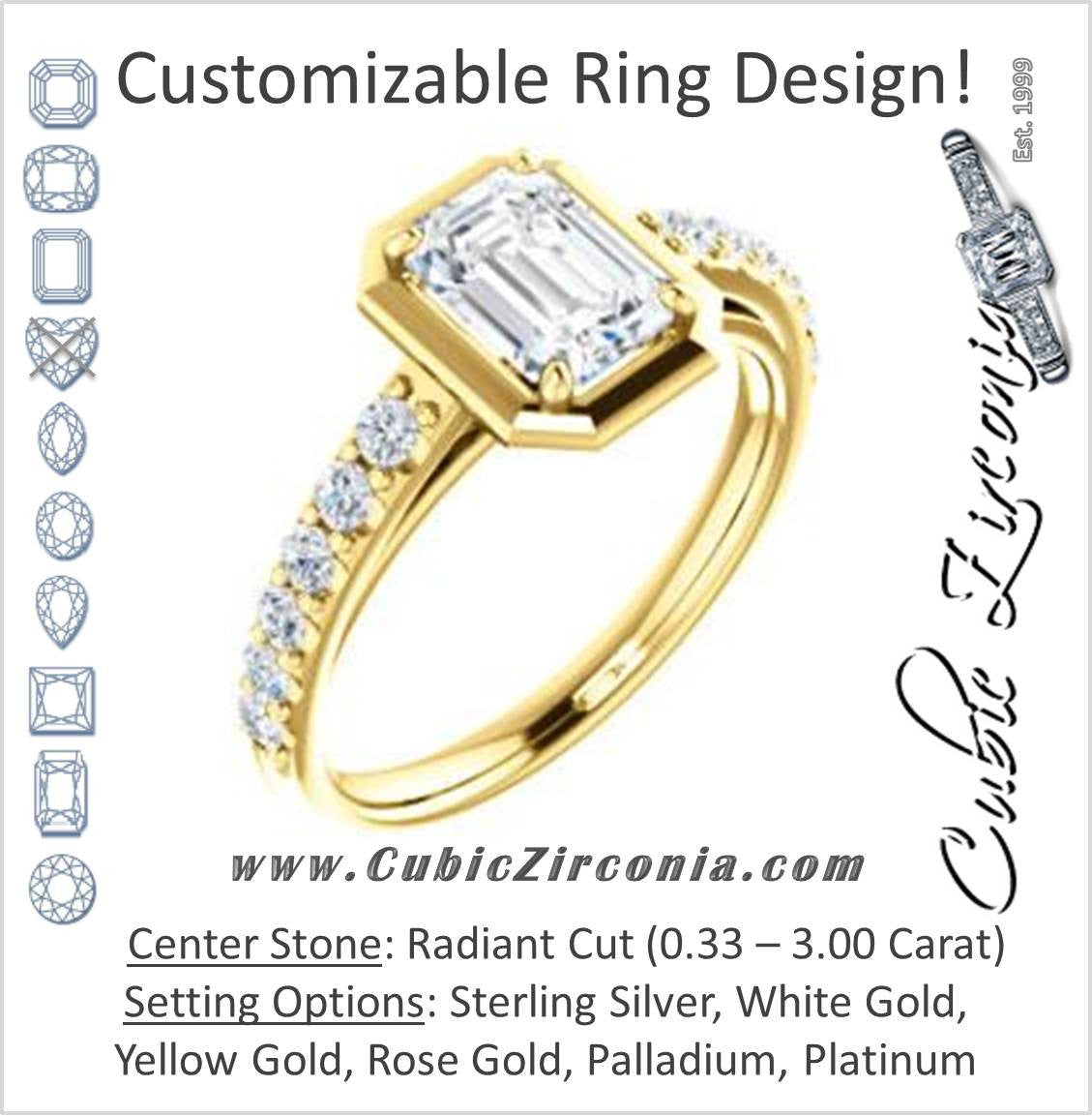 Cubic Zirconia Engagement Ring- The Lynette (Customizable Cathedral-style Bezel-set Radiant Cut 13-stone Design with Round Band Accents)