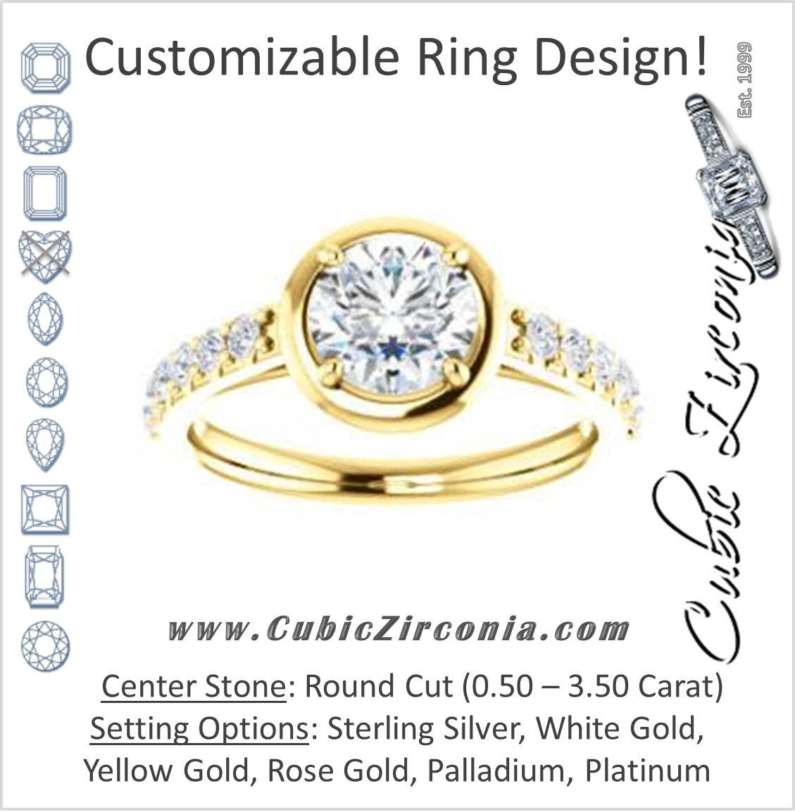 Cubic Zirconia Engagement Ring- The Lynette (Customizable Cathedral-style Bezel-set Round Cut 13-stone Design with Round Band Accents)