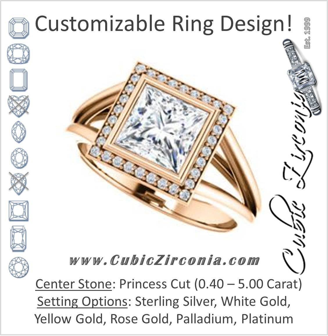 Cubic Zirconia Engagement Ring- The Mackenzie (Customizable Princess Cut Bezel-set Split band with Halo)