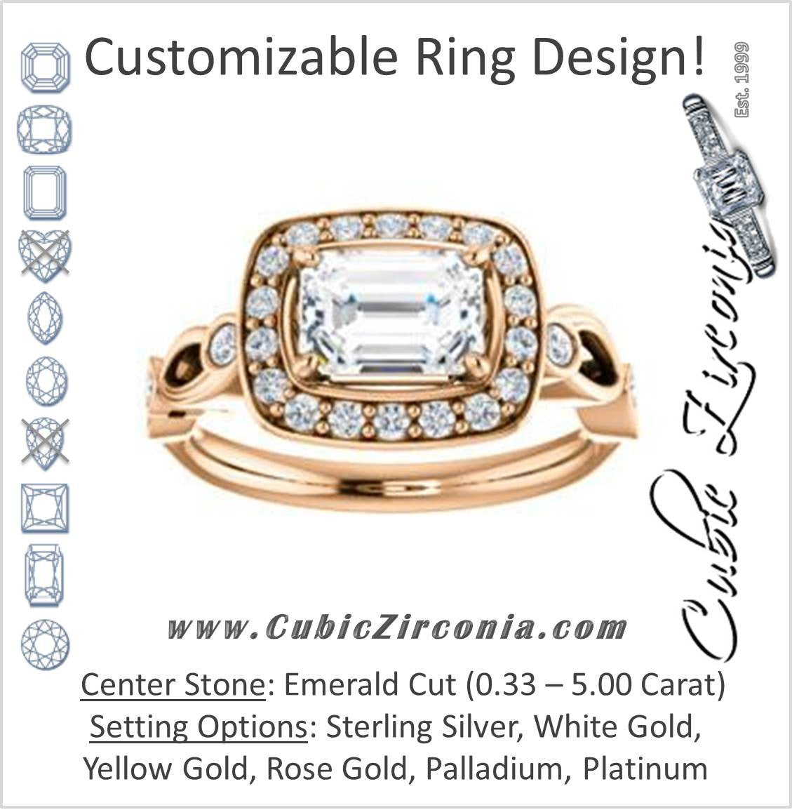 Cubic Zirconia Engagement Ring- The Madison (Customizable Emerald Cut Design with Halo and Bezel-Accented Infinity-inspired Split Band)