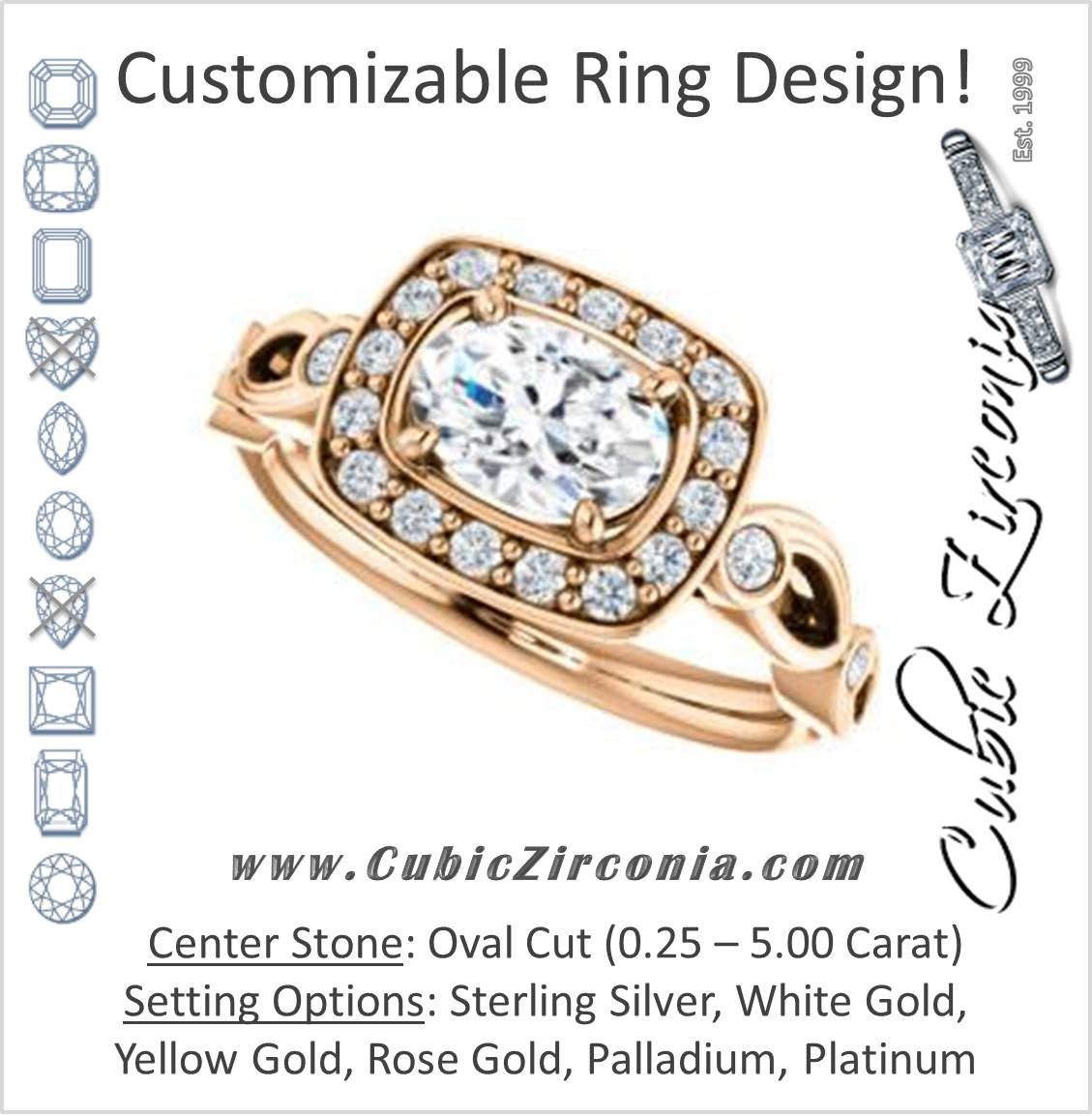 Cubic Zirconia Engagement Ring- The Madison (Customizable Oval Cut Design with Halo and Bezel-Accented Infinity-inspired Split Band)