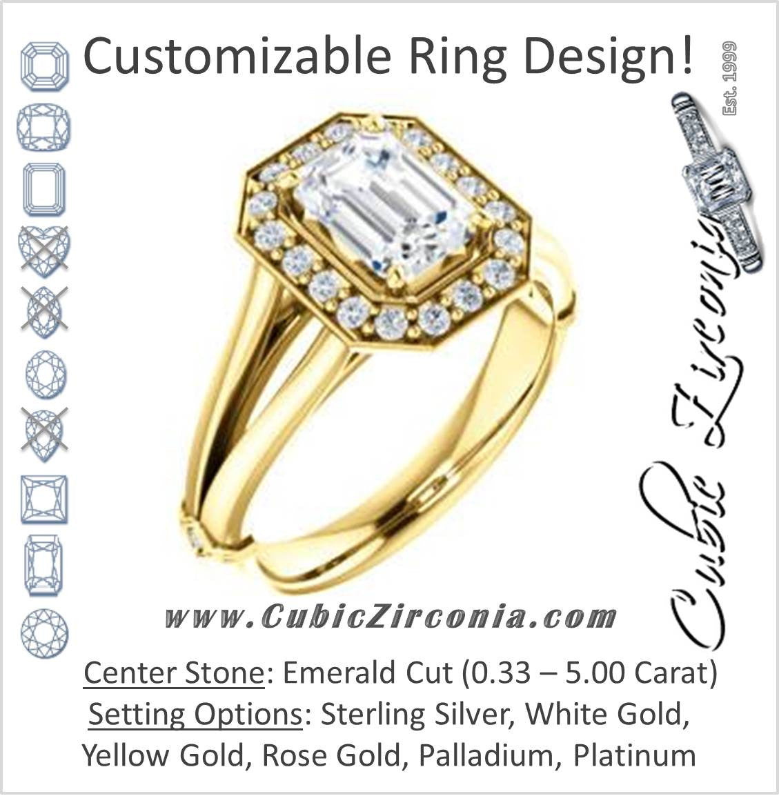 Cubic Zirconia Engagement Ring- The Madison Taylor (Customizable  Emerald Cut Halo Design with Split Band and Dual Round Side-Knuckle Accents)
