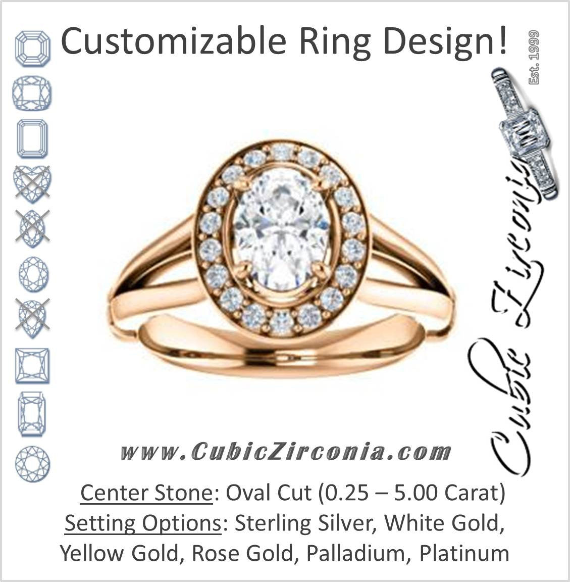 Cubic Zirconia Engagement Ring- The Madison Taylor (Customizable Oval Cut Halo Design with Split Band and Dual Round Side-Knuckle Accents)