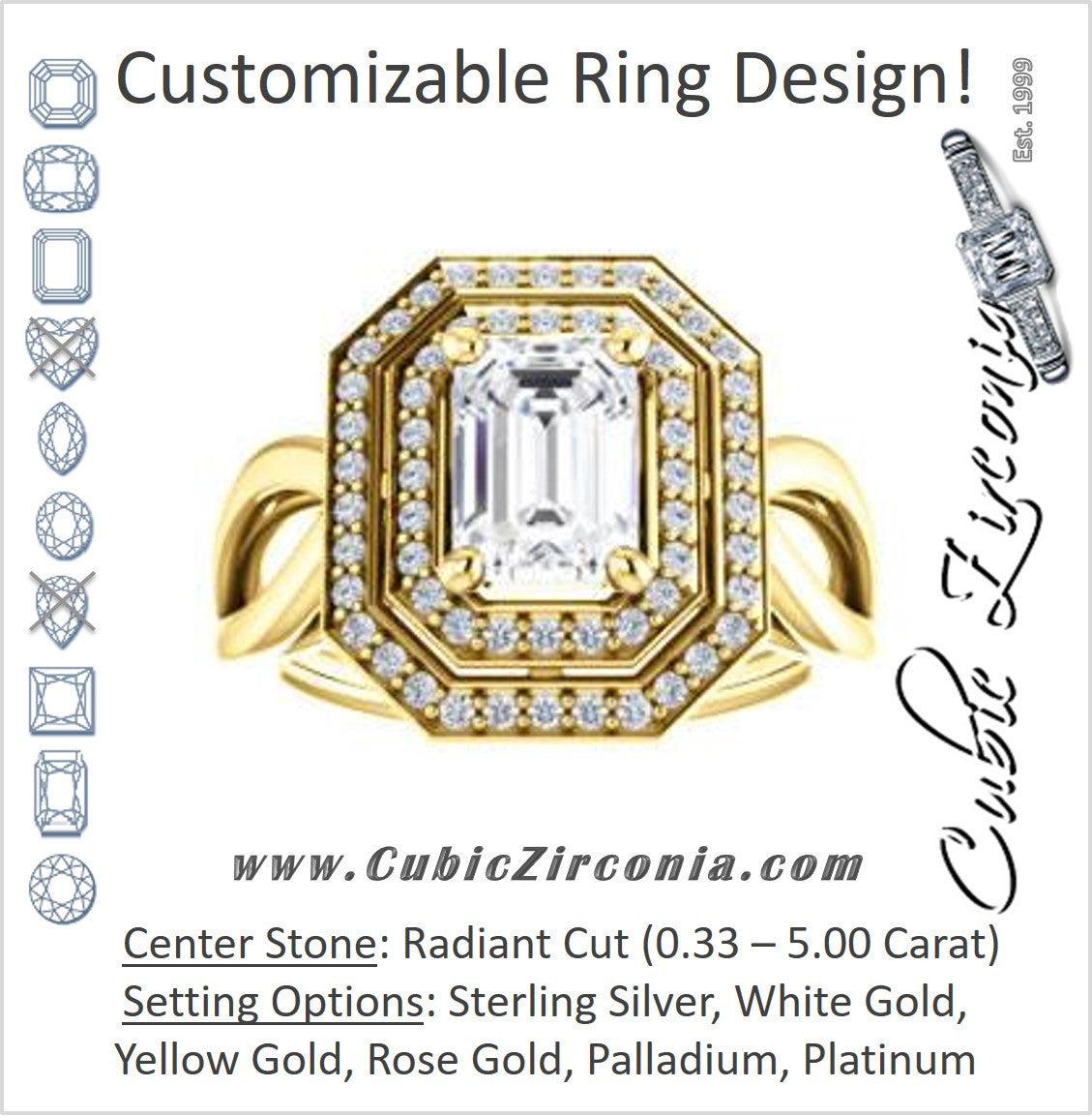 Cubic Zirconia Engagement Ring- The Magda Lesli (Customizable Double-Halo Style Radiant Cut with Curving Split Band)