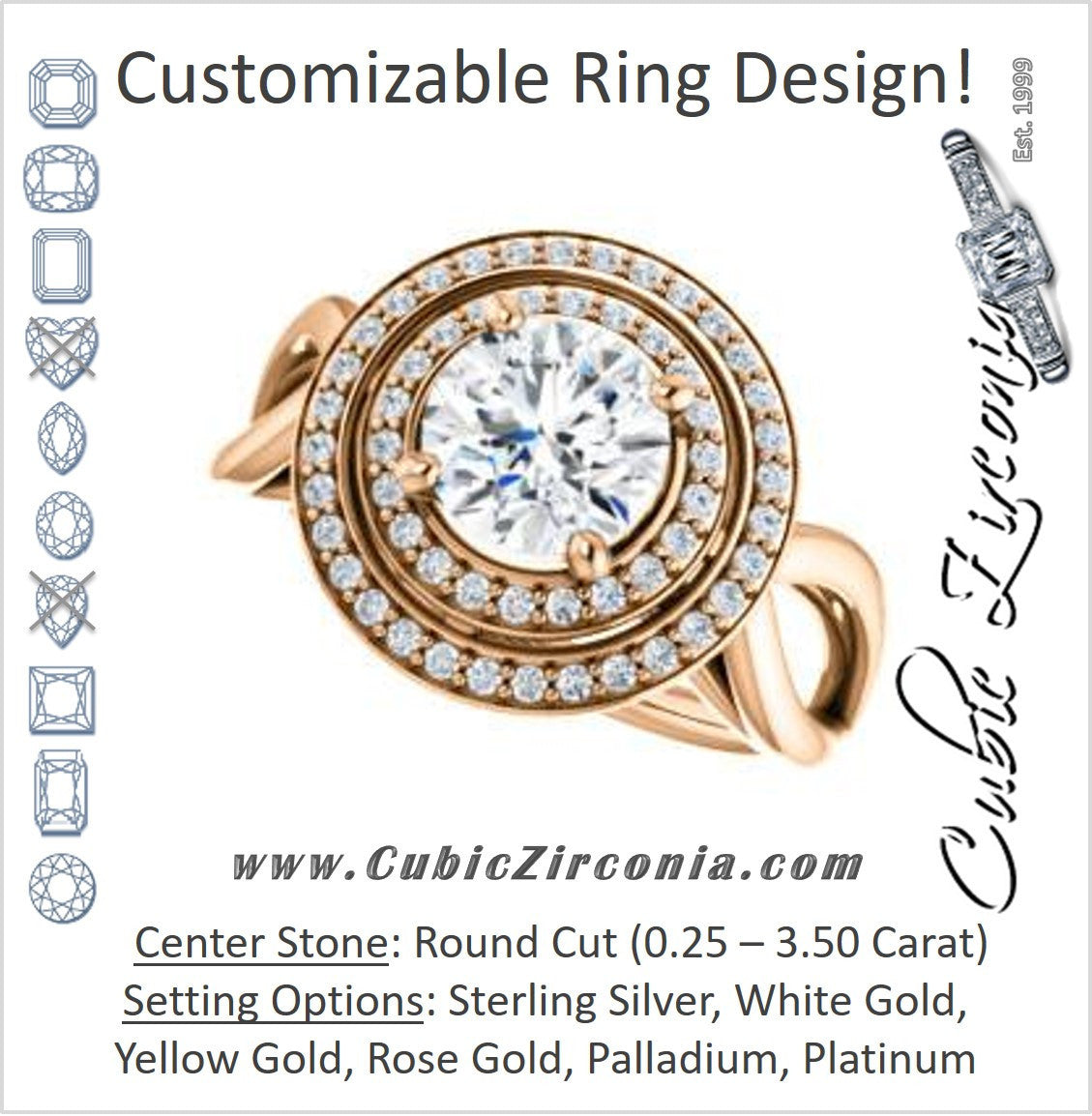 Cubic Zirconia Engagement Ring- The Magda Lesli (Customizable Double-Halo Style Round Cut with Curving Split Band)